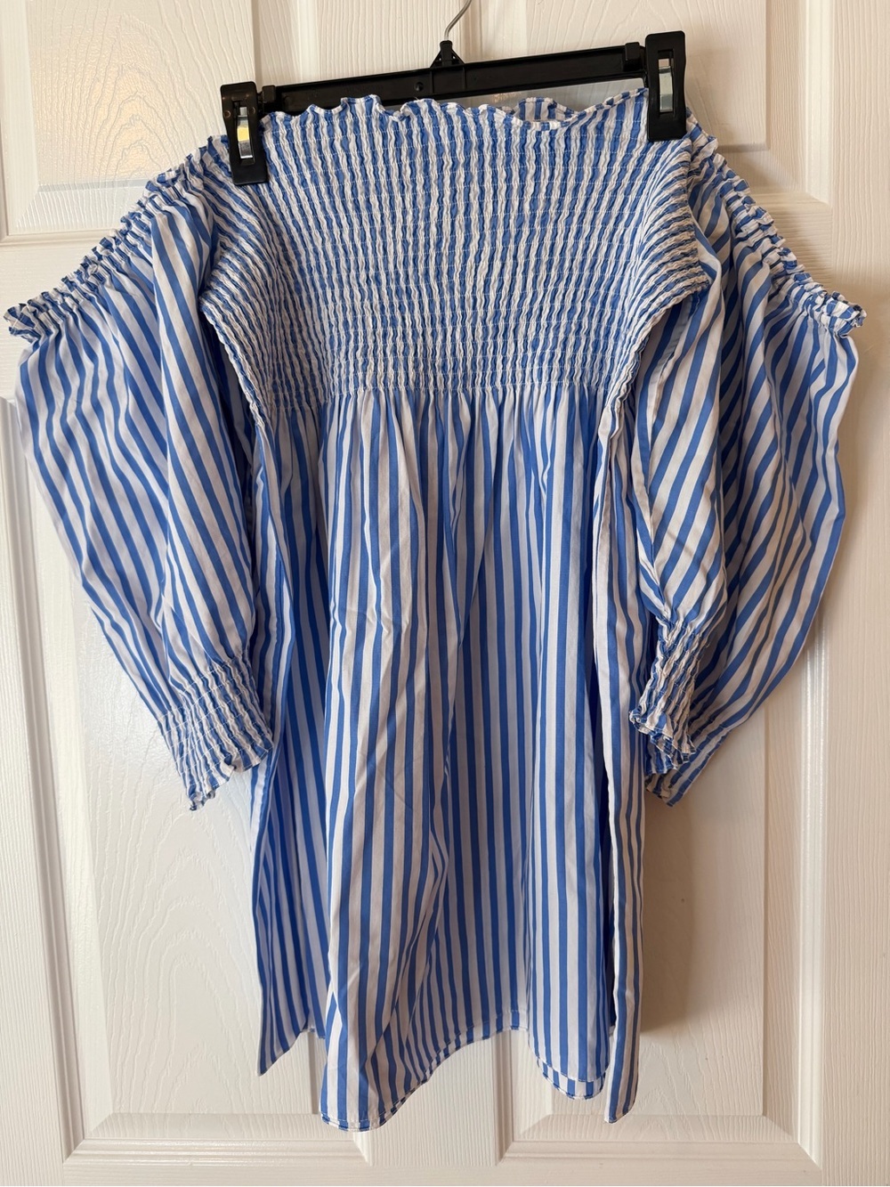Hill House Athena Blue Striped Puff Sleeve Smocked Mini Dress - Picture 2 of 5